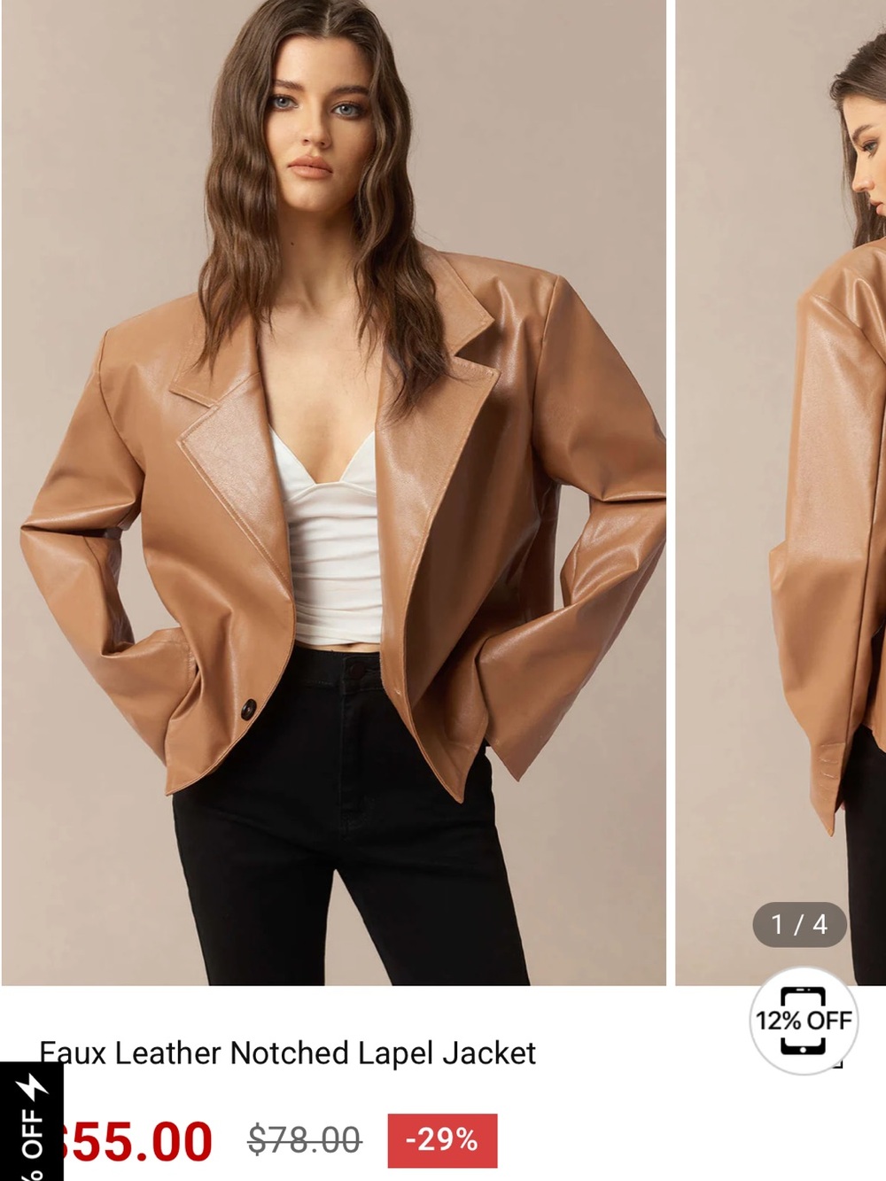 Faux Leather Notched Lapel Jacket - Camel